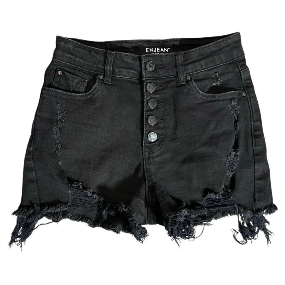 ENJean high waist frayed bottom distressed jean shorts Black Size Small